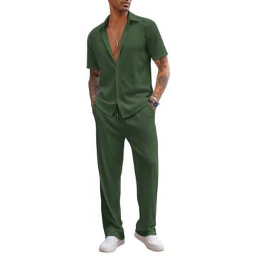 COOFANDY Men's 2 Piece Outfit Casual Short Sleeve Button Down Shirt Beach Summer Loose Pant Sets
