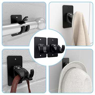 2 Pieces Self Adhesive Curtain Rod Bracket, Universal Plastic Curtain Rod Holders, No Drill Curtain Rod Brackets Curtain Rod Hooks for Bathroom, Bedroom, Livingroom, Kitchen (Black)