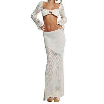 Votuleazi Women’s 2 Piece Skirt Set Crochet Knitted Sexy Crop Top Y2k Low Waist Bodycon Knit Maxi Skirt Summer Matching Sets(A White,S)