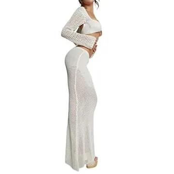 Votuleazi Women’s 2 Piece Skirt Set Crochet Knitted Sexy Crop Top Y2k Low Waist Bodycon Knit Maxi Skirt Summer Matching Sets(A White,S)
