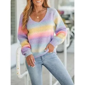 CUPSHE Ombre Rainbow V-Neck Sweater - Fashion & Comfort