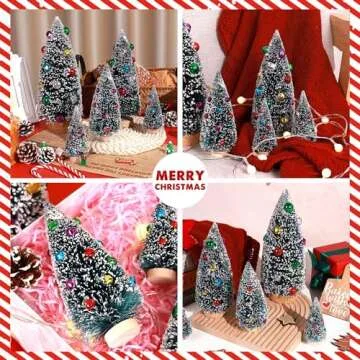 5 Pcs Artificial Mini Christmas Sisal Snow Frost Trees with Decorated Ball - Small Bottle Brush Trees Colorful Beads 5 Sizes for Christmas Decor Christmas Party Home Table Craft Decorations