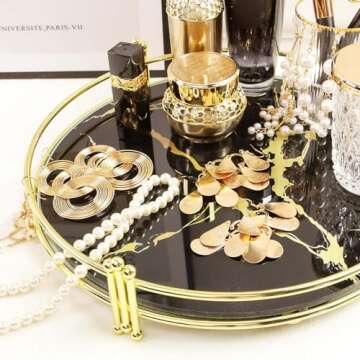 Zosenley Makeup Organizer Tray, Decorative Glass Vanity Tray, Round Cosmetic Storage for Jewelry, Makeup, Perfume, Decor and More, Size 11.5”, Black Marbling