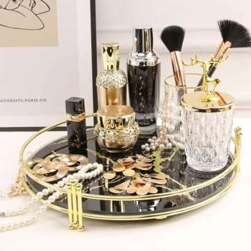 Zosenley Makeup Organizer Tray, Decorative Glass Vanity Tray, Round Cosmetic Storage for Jewelry, Makeup, Perfume, Decor and More, Size 11.5”, Black Marbling