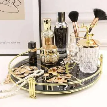 Zosenley Makeup Organizer Tray, Decorative Glass Vanity Tray, Round Cosmetic Storage for Jewelry, Makeup, Perfume, Decor and More, Size 11.5”, Black Marbling