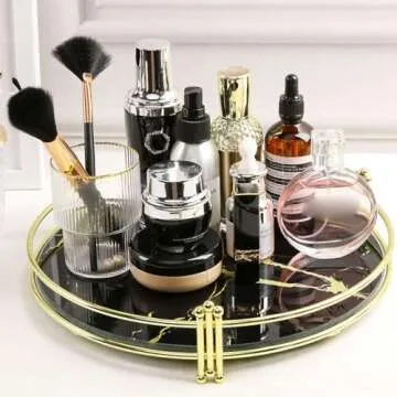 Zosenley Makeup Organizer Tray, Decorative Glass Vanity Tray, Round Cosmetic Storage for Jewelry, Makeup, Perfume, Decor and More, Size 11.5”, Black Marbling