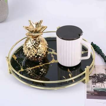 Zosenley Makeup Organizer Tray, Decorative Glass Vanity Tray, Round Cosmetic Storage for Jewelry, Makeup, Perfume, Decor and More, Size 11.5”, Black Marbling