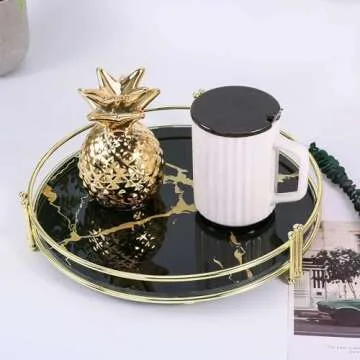 Zosenley Makeup Organizer Tray, Decorative Glass Vanity Tray, Round Cosmetic Storage for Jewelry, Makeup, Perfume, Decor and More, Size 11.5”, Black Marbling