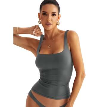 Eachyes Womens Square Neck Double Lined Tank Tops Low Back Fitted Sleeveless Tops Grey Small