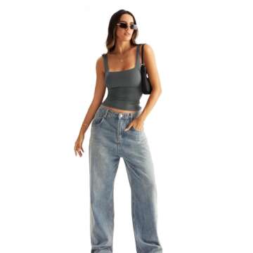 Eachyes Womens Square Neck Double Lined Tank Tops Low Back Fitted Sleeveless Tops Grey Small