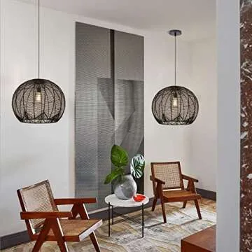 Arturesthome Rattan Pendant Light for Kitchen Island, Boho Wicker Chandelier Lighting, Handmade Woven Hanging Ceiling Light Lampshade for Living Room Bedroom Black