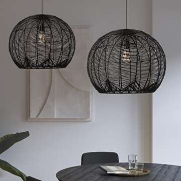 Arturesthome Rattan Pendant Light for Kitchen Island, Boho Wicker Chandelier Lighting, Handmade Woven Hanging Ceiling Light Lampshade for Living Room Bedroom Black