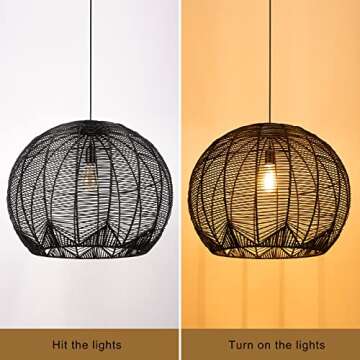 Arturesthome Rattan Pendant Light for Kitchen Island, Boho Wicker Chandelier Lighting, Handmade Woven Hanging Ceiling Light Lampshade for Living Room Bedroom Black