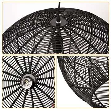 Arturesthome Rattan Pendant Light for Kitchen Island, Boho Wicker Chandelier Lighting, Handmade Woven Hanging Ceiling Light Lampshade for Living Room Bedroom Black