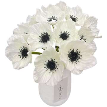 LebriTamFa 14Pcs Real Touch Anemone Poppy Bouquet for Artificial Flower Decor Kitchen Table Centerpiece Vase Home Greenery Wedding Holding Flowers Backdrop Arch Wall (White)