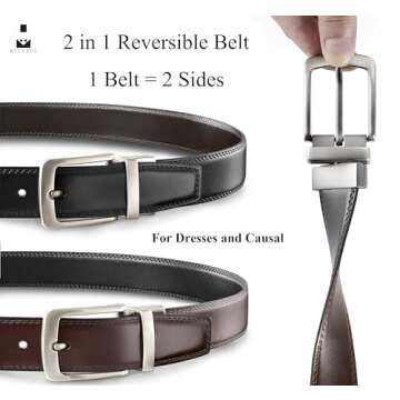 MILORDE Men’s Reversible Leather Belt - Black/Dark Brown Double Style, Perfect Fit