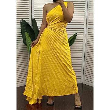 Vaceky Women's Pleated One Shoulder Dress Sexy Summer 2023 Sleeveless Cut Out Waist Ruffle Tiered Maxi Dresses