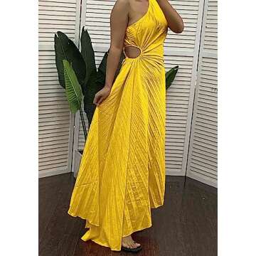 Vaceky Women's Pleated One Shoulder Dress Sexy Summer 2023 Sleeveless Cut Out Waist Ruffle Tiered Maxi Dresses