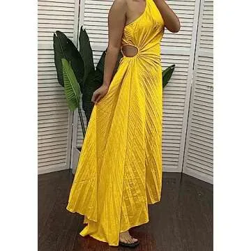 Vaceky Women's Pleated One Shoulder Midi Dress for Summer