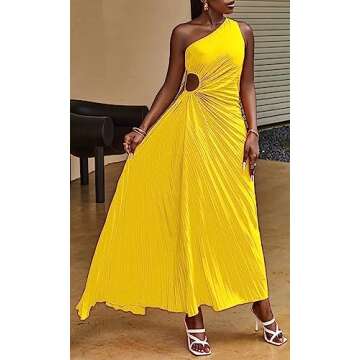 Vaceky Women's Pleated One Shoulder Dress Sexy Summer 2023 Sleeveless Cut Out Waist Ruffle Tiered Maxi Dresses