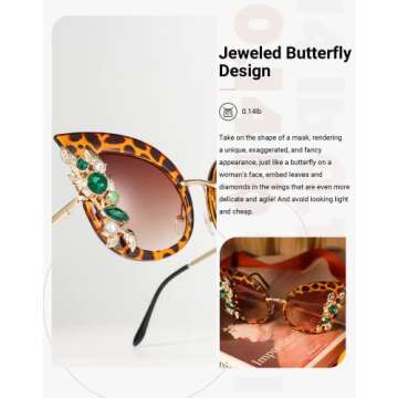 Slocyclub Halloween Glasses Jeweled Sunglasses, Funky Butterfly Shaped Oversized Rhinestone Sunglasses for Women with UV400 Protection, Colorful Fun Sunglasses