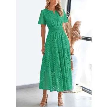 PRETTYGARDEN Womens 2025 Summer Maxi Dress Short Sleeve V Neck Hollow Out Eyelet A Line Long Flowy Beach Vacation Dresses (Green,Small)