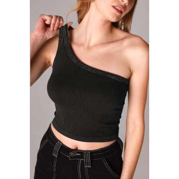 NIKIBIKI Women Seamless Vintage One Shoulder Crop Top, One Size (Vintage Black)