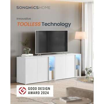 SONGMICS HOME Superfast Toolless Assembly, Storage Cabinet, Accent Buffet Cabinet with Lighting and Glass Shelf, Sideboard, Minimalist, Snow White UBBK372W02