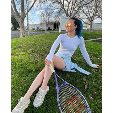 Stelle Womens Breathable Seamless Shirt with Thumb Holes for Yoga Sports Running Workout Athletic Slim Fit, White, Large, Long Sleeve