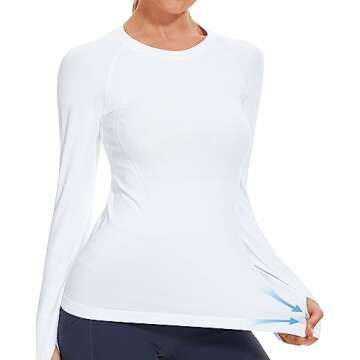 Stelle Womens Breathable Seamless Shirt with Thumb Holes for Yoga Sports Running Workout Athletic Slim Fit, White, Large, Long Sleeve