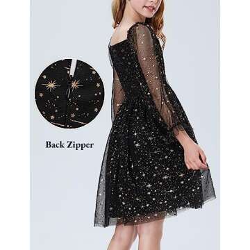 Mebius Girls Party Sparkly Star Sweetheart Neck Mesh Long Sleeve High Waist Flowy Flared A Line Dres...