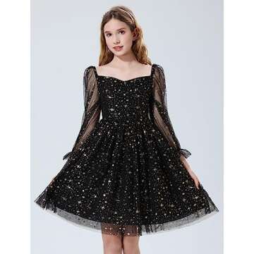 Mebius Girls Party Sparkly Star Sweetheart Neck Mesh Long Sleeve High Waist Flowy Flared A Line Dress Special Occasion Black Star 6Y