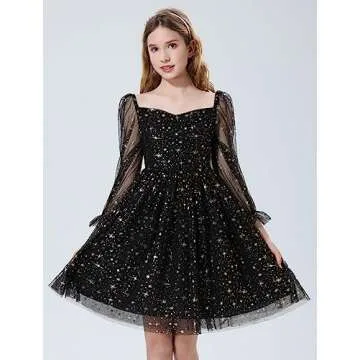 Mebius Girls Party Sparkly Star Sweetheart Neck Mesh Long Sleeve High Waist Flowy Flared A Line Dress Special Occasion Black Star 6Y