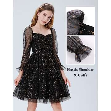 Mebius Girls Party Sparkly Star Sweetheart Neck Mesh Long Sleeve High Waist Flowy Flared A Line Dress Special Occasion Black Star 6Y