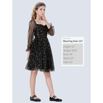 Mebius Girls Party Sparkly Star Sweetheart Neck Mesh Long Sleeve High Waist Flowy Flared A Line Dress Special Occasion Black Star 6Y