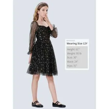 Mebius Girls Party Sparkly Star Sweetheart Neck Mesh Long Sleeve High Waist Flowy Flared A Line Dress Special Occasion Black Star 6Y