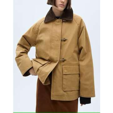Lumister Womens Oversized Barn Jacket Contrasting Lapel Collar Retro Button Down Casual Canvas Coat Outwear