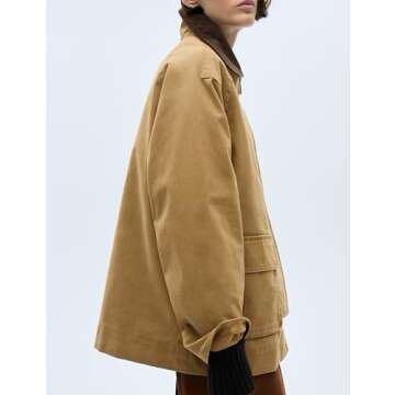 Lumister Womens Oversized Barn Jacket Contrasting Lapel Collar Retro Button Down Casual Canvas Coat Outwear