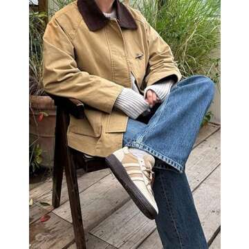 Lumister Womens Oversized Barn Jacket Contrasting Lapel Collar Retro Button Down Casual Canvas Coat Outwear