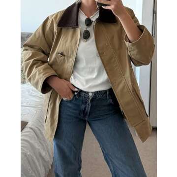 Lumister Womens Oversized Barn Jacket Contrasting Lapel Collar Retro Button Down Casual Canvas Coat Outwear