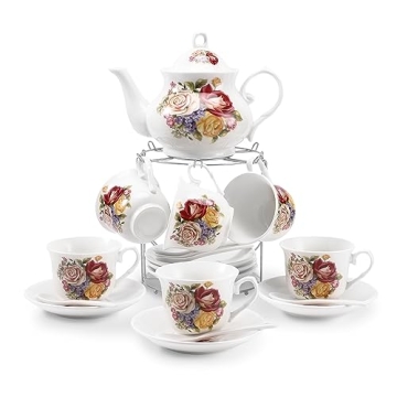 Tea Sets 20-Piece Coffee (7oz) Tea Cup Set Ceramic Vintage Flower European Style,Tea Set for Women T...