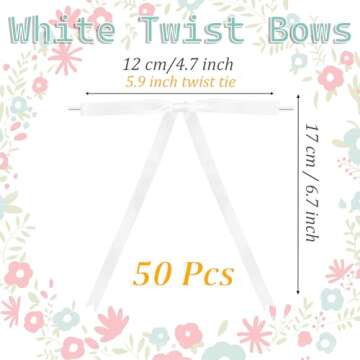 50 Pcs White Satin Twist Tie Bows for Treat Bags, Packages, Bakery, Candy - Long Ribbon for Decorati...