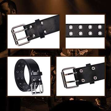 WHIPPY Double Grommet Belt for Women Men PU Leather Double Prong Buckle Vintage Punk Rock Jeans Belts (Black, S)