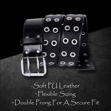 WHIPPY Double Grommet Belt for Women Men PU Leather Double Prong Buckle Vintage Punk Rock Jeans Belts (Black, S)