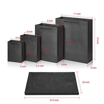 Outus 24 Sets Black Gift Bags Paper Kraft Bags with 24 Pcs Copy Papers 4 Different Sizes in 6/8/11/13 Inches for Birthday Graduations Parties Wedding