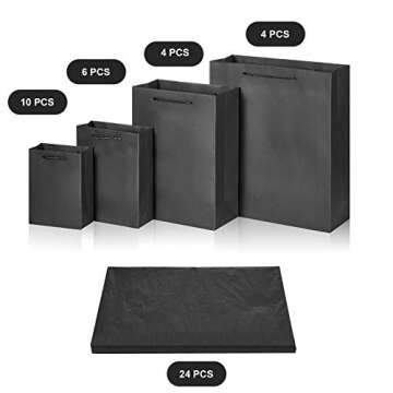 Outus 24 Sets Black Gift Bags Paper Kraft Bags with 24 Pcs Copy Papers 4 Different Sizes in 6/8/11/13 Inches for Birthday Graduations Parties Wedding