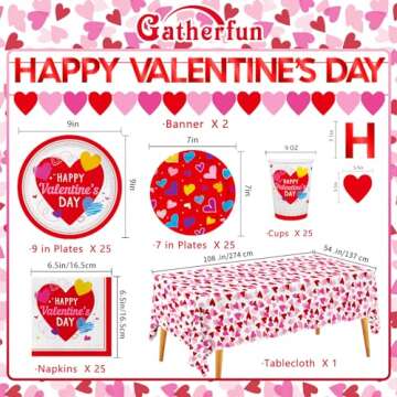 Valentine's Day Party Supplies Set for 25 - Elegant Disposable Paper Plates, Napkins, Cups, Tableclo...