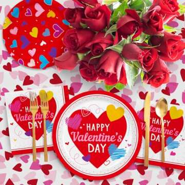 Valentine's Day Party Supplies Set for 25 - Elegant Disposable Paper Plates, Napkins, Cups, Tablecloth & Banner, Valentine's Day Party Decorations