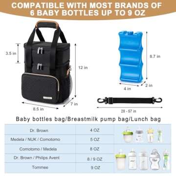 BABEYER Breastmilk Cooler Bag with Ice Pack, Fits 6 Baby Bottles Up to 9 Oz, Bottle Cooler Bag, Double Layer Leakproof with Should Strap for Working & Nursing Moms, Black