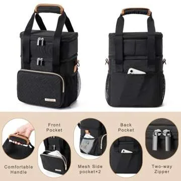 BABEYER Breastmilk Cooler Bag with Ice Pack, Fits 6 Baby Bottles Up to 9 Oz, Bottle Cooler Bag, Double Layer Leakproof with Should Strap for Working & Nursing Moms, Black